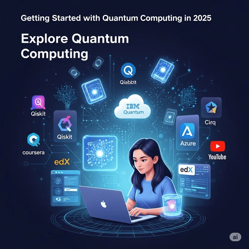 Student using a laptop with icons and glowing elements representing quantum computing learning tools in 2025. 