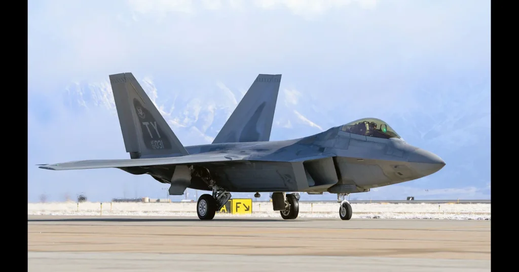 Lockheed Martin F-22 Raptor flying, highlighting its stealth design and advanced infrared defensive sensors, representing upgraded capabilities