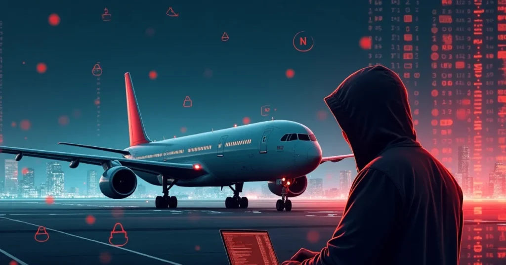 Hacker with laptop near airplane at night, symbolizing airline cyberattack.
