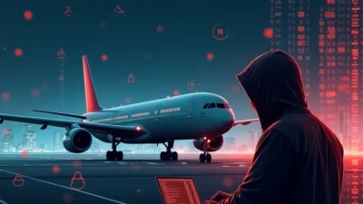 Hacker with laptop near airplane at night, symbolizing airline cyberattack.