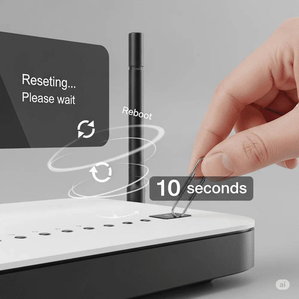 User pressing router reset button with a pin to fix hidden settings and restore default configuration. 
