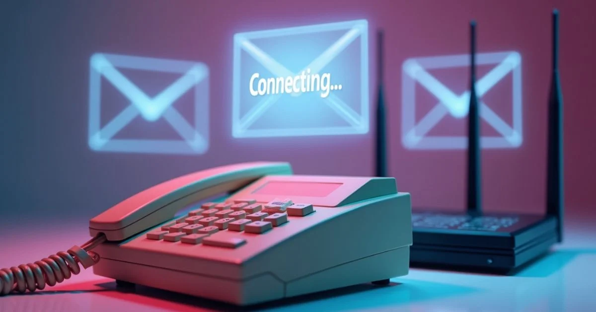 Vintage dial-up modem with AOL icon fading into modern internet equipment, representing the end of AOL dial-up service