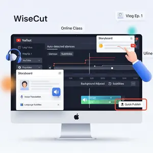 Wisecut editor showing a YouTube-style interface with silences cut, subtitles added, music track, AI storyboard tips, and quick upload options.