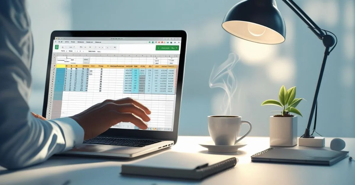 Professional person working on a laptop with Google Sheets open on screen at an office desk