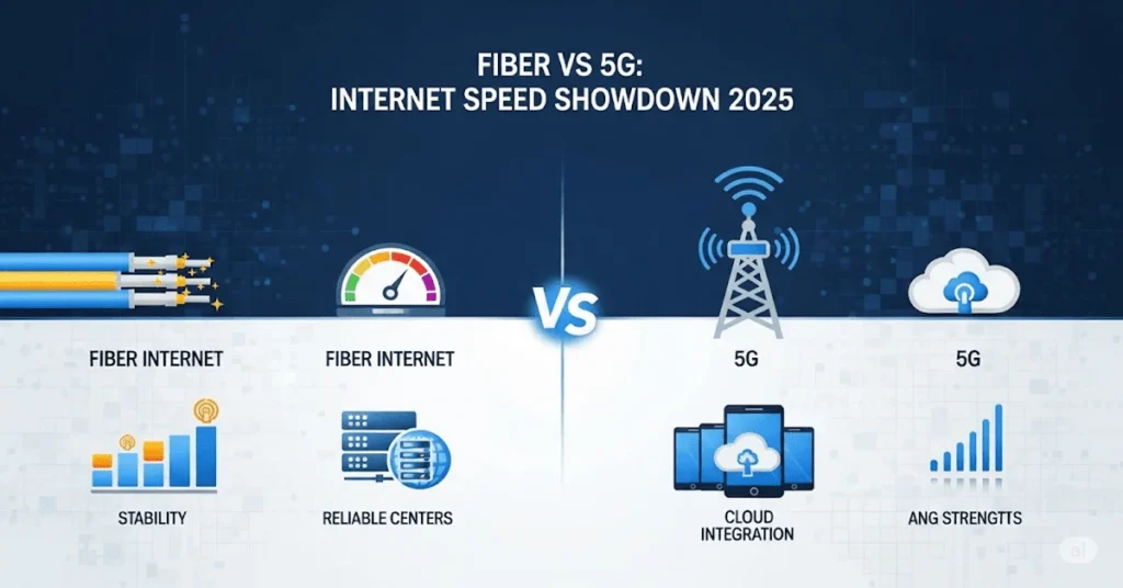 Infographic comparing Fiber Internet vs 5G with icons and visuals showing performance, reliability, and connectivity.