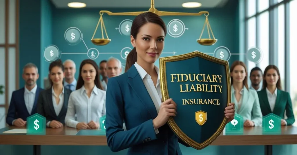 Fiduciary liability insurance concept with shield and employees.