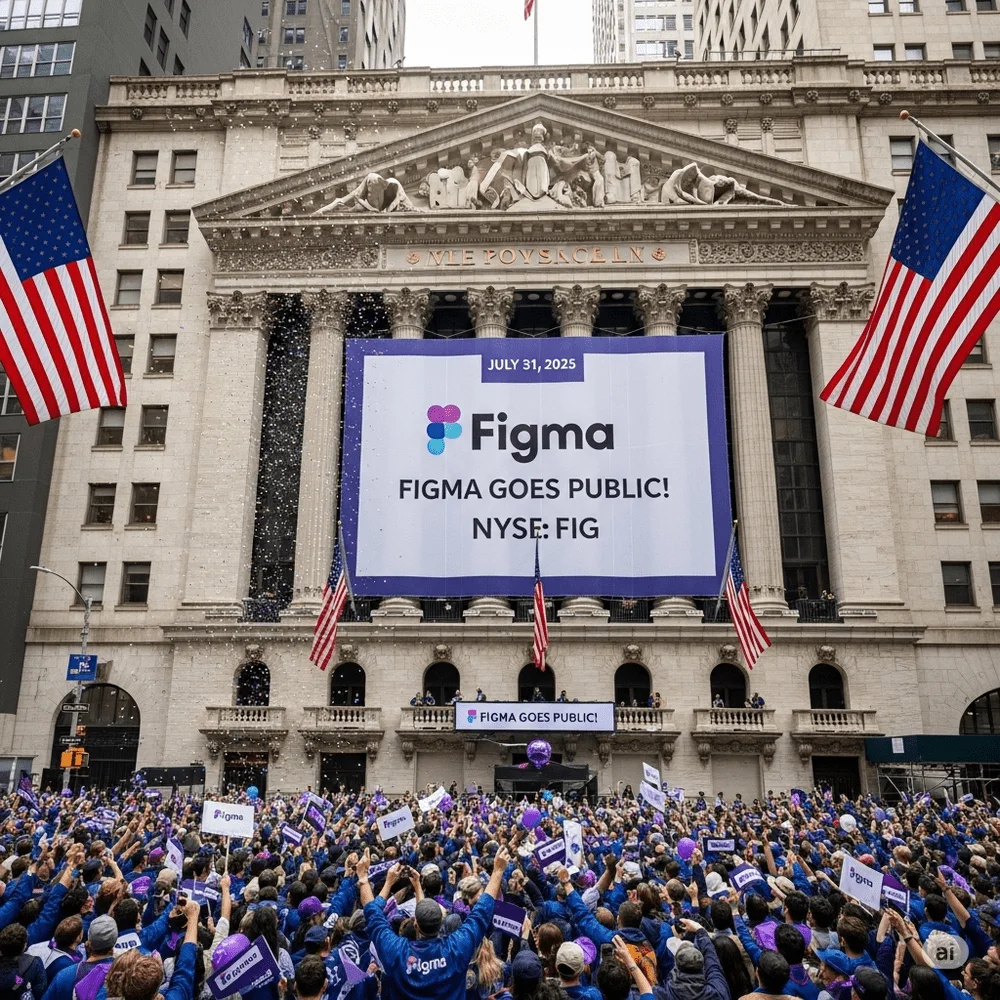 Figma IPO stock celebration at NYSE on July 31, 2025, showing Figma’s banner and crowd gathered for the public debut. 
