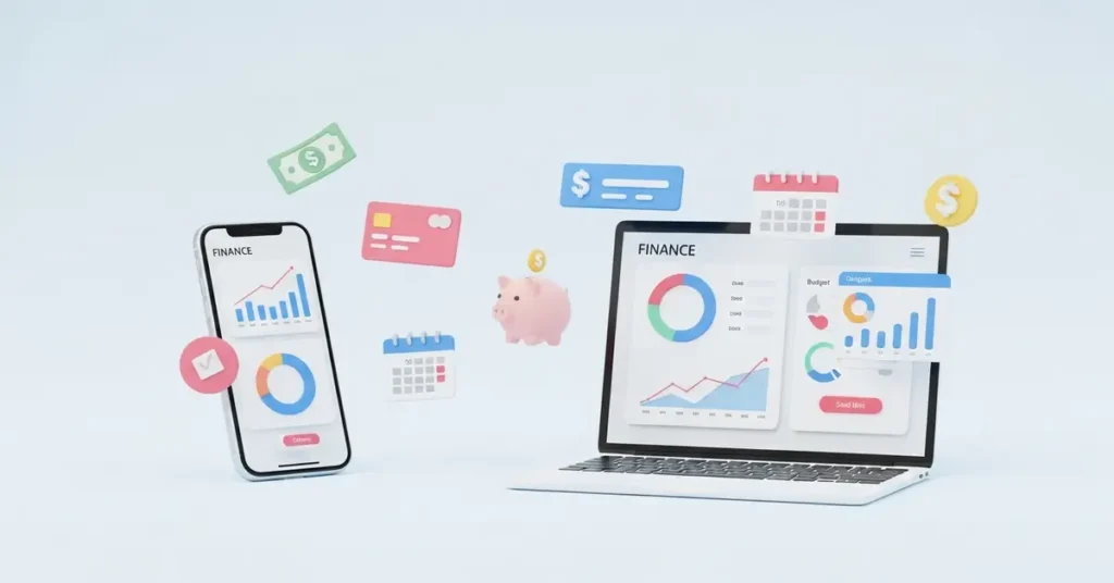 3D image of finance apps on a phone and laptop with charts and money icons.