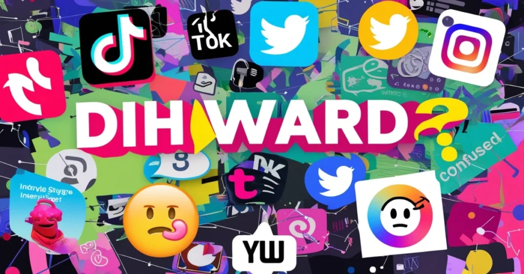 Abstract art with “Dihward?” and social media icons