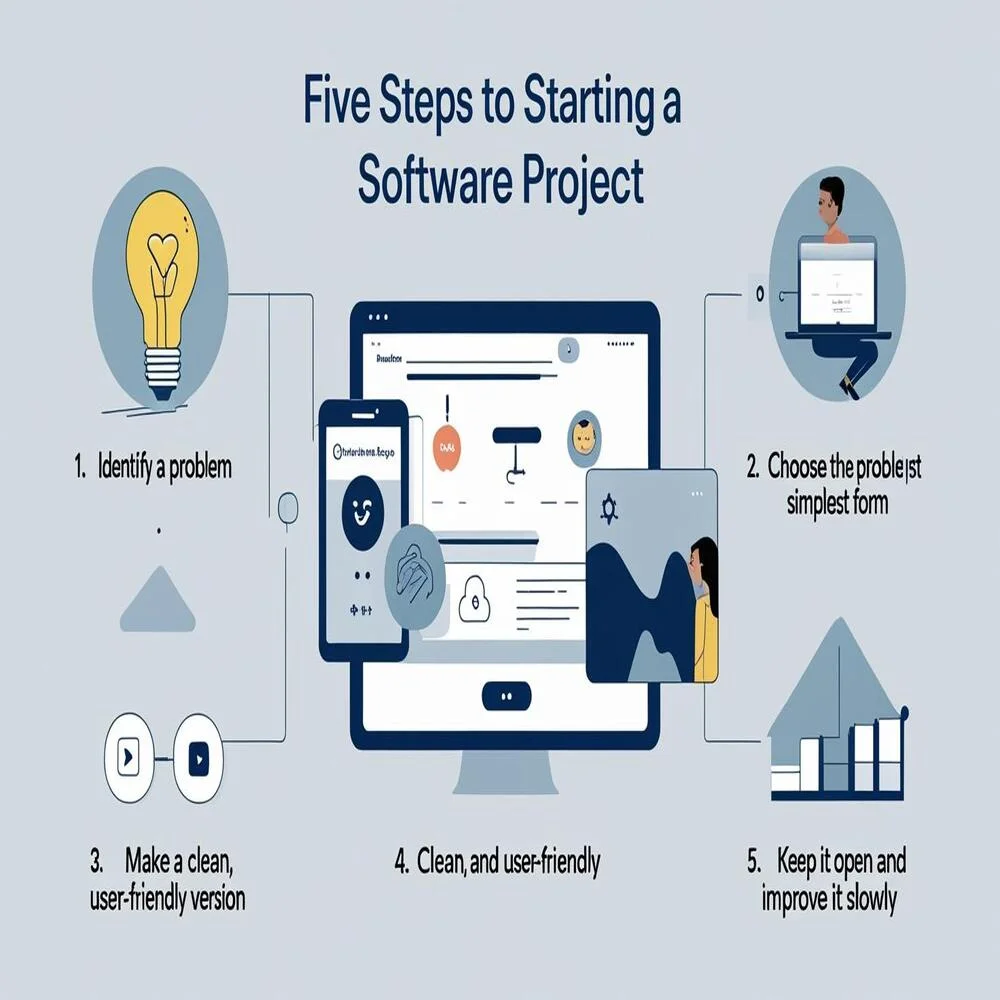 Steps to start a software project, from problem to user-friendly solution.