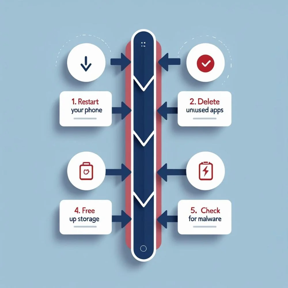 Fix slow phone steps with icons: restart, update, delete apps, free space, malware check.