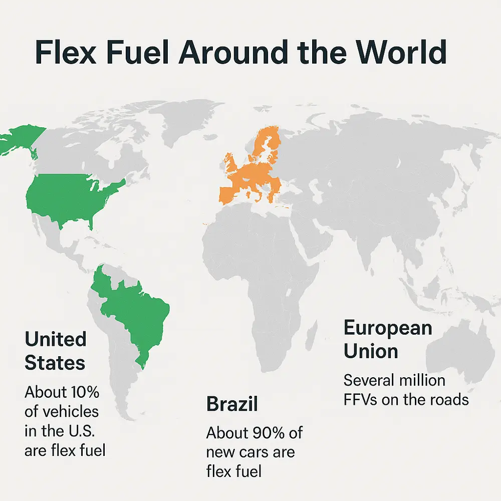 World map showing flex fuel vehicle use in the U.S., Brazil, and the EU with brief stats for each region.