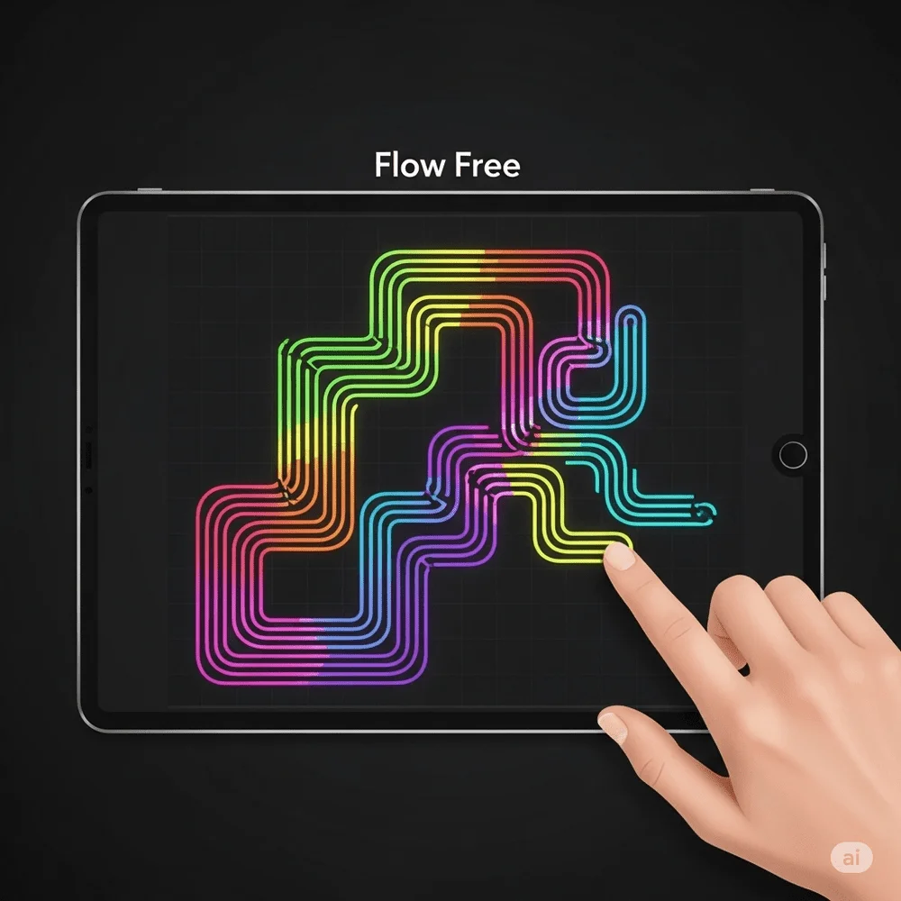 A mobile screen showing a Flow Free puzzle with colorful, glowing paths connecting dots—highlighting calm gameplay, focus, and visual thinking. 