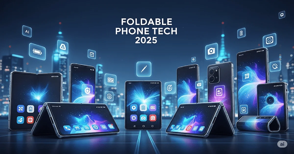 "Foldable smartphones in futuristic designs with glowing screens and tech icons, set against a digital cityscape with 'Foldable Phone Tech 2025' text."