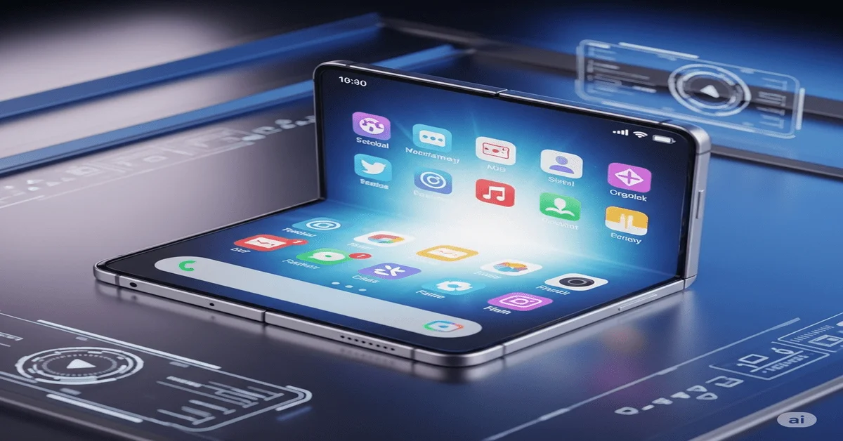 Futuristic render of Foldable Phones featuring a glowing flexible screen, vibrant app icons, and a high-tech digital environment.
