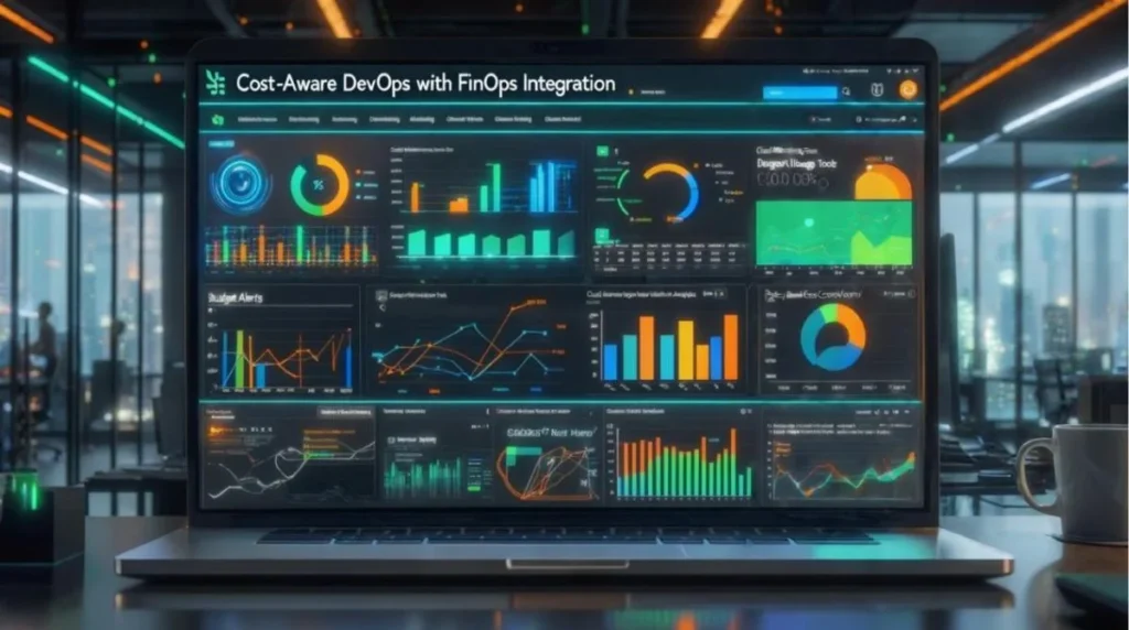 "Cost-Aware DevOps with FinOps Integration" with various colorful charts and graphs in a modern office setting.