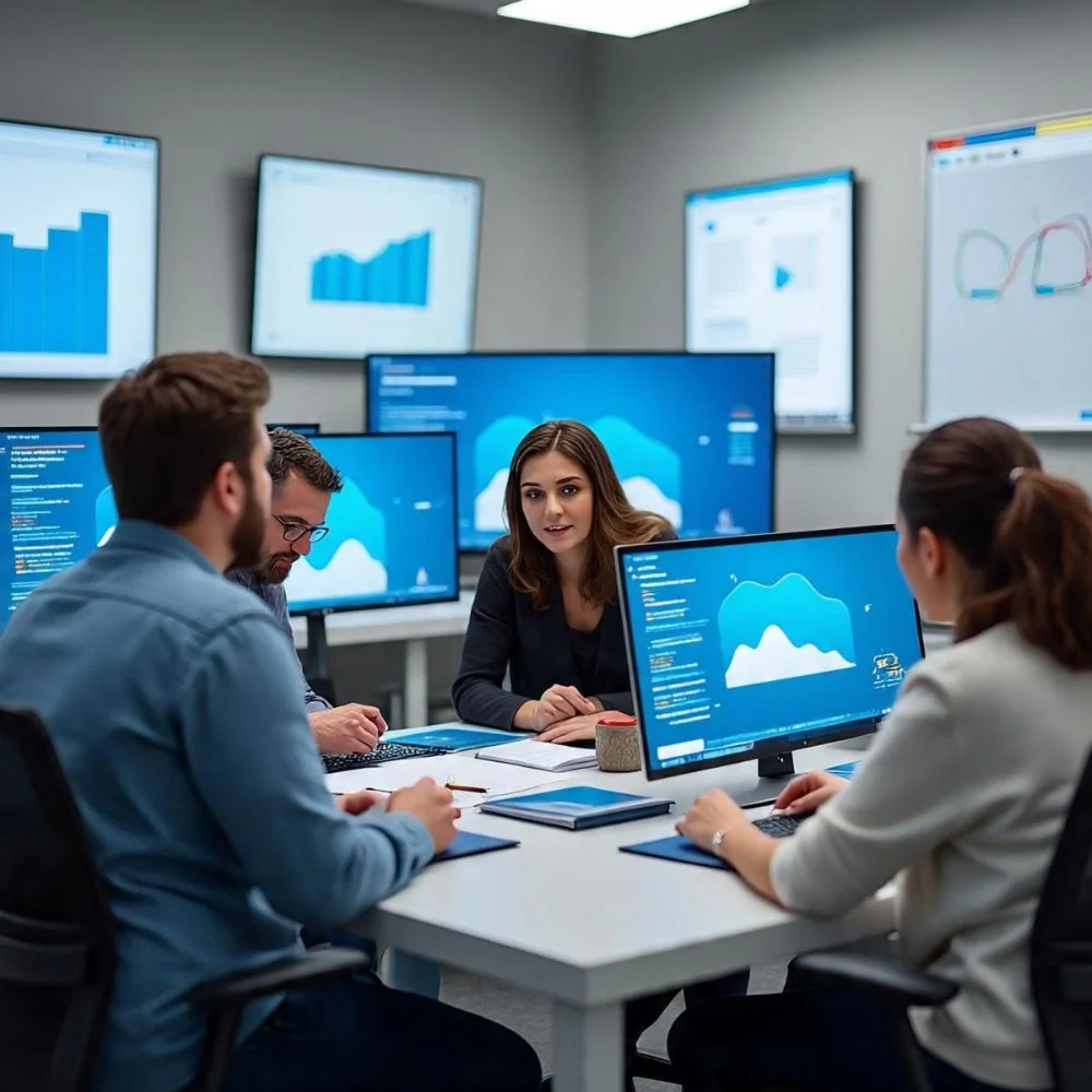 Team of professionals in a modern office discussing cloud data analytics, with large monitors displaying graphs and charts related to DevOps.