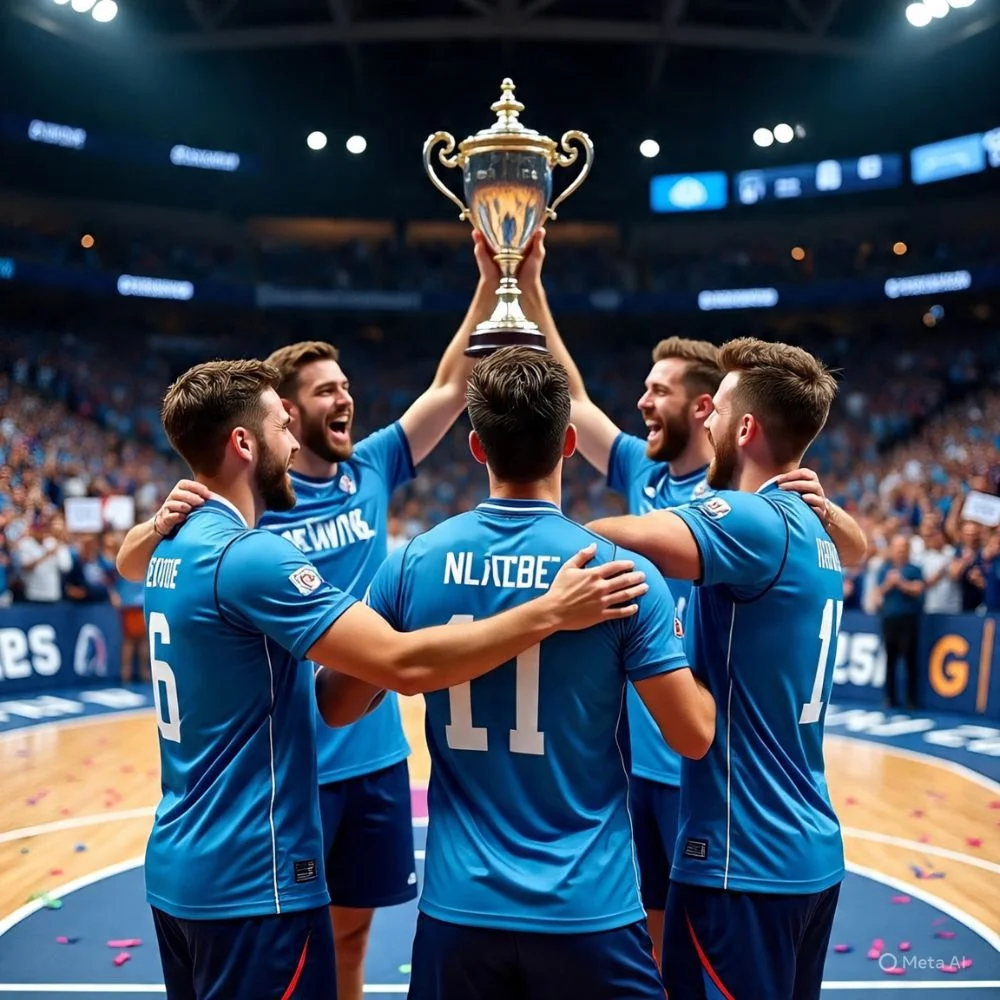 NLPadel players celebrate tournament victory with trophy on the paddle court