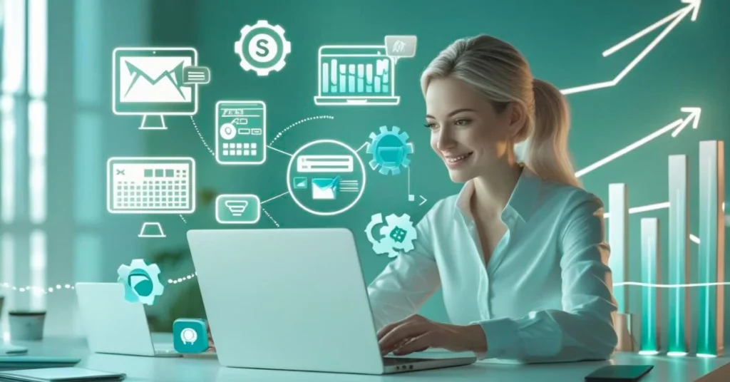 Small business owner using free online tools to grow digitally with icons of SEO, email, website, and analytics