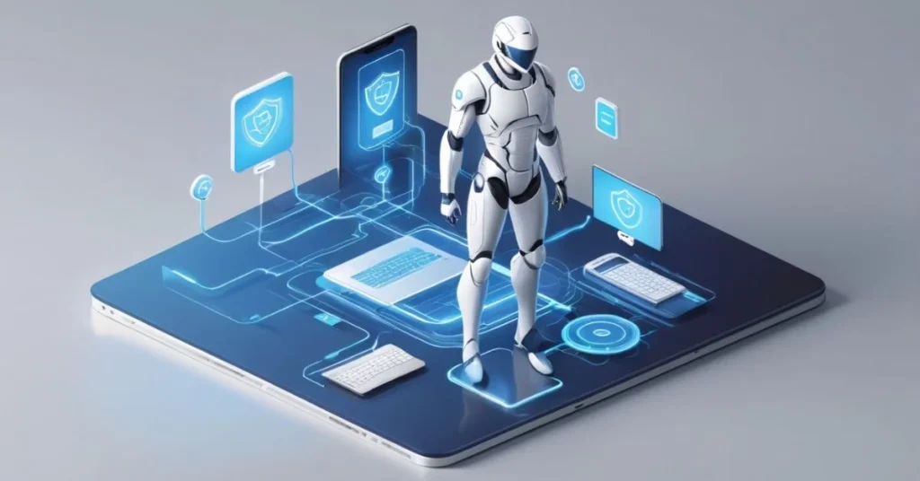 Robot with VPN icons on a digital laptop platform.