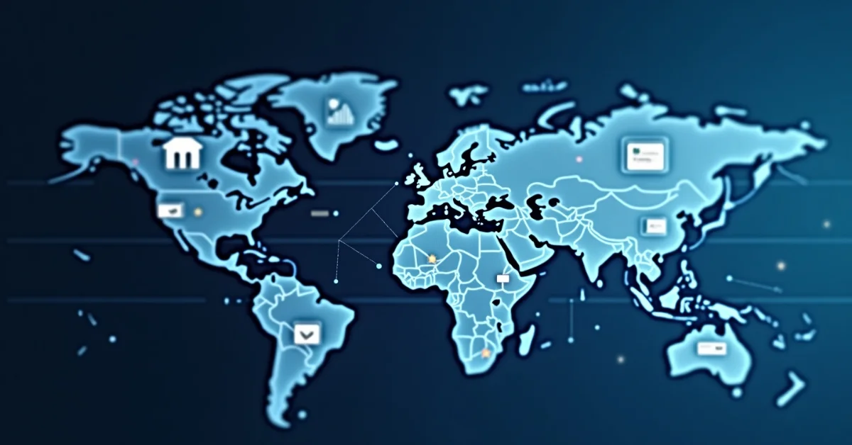 World map with fintech icons showing Freedom Holding Corp. FY2025 global expansion and $1.63B revenue growth.