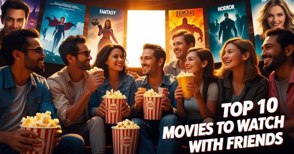 Group of friends enjoying popcorn at a movie theater with film posters in the background, captioned "Top 10 Movies to Watch with Friends.