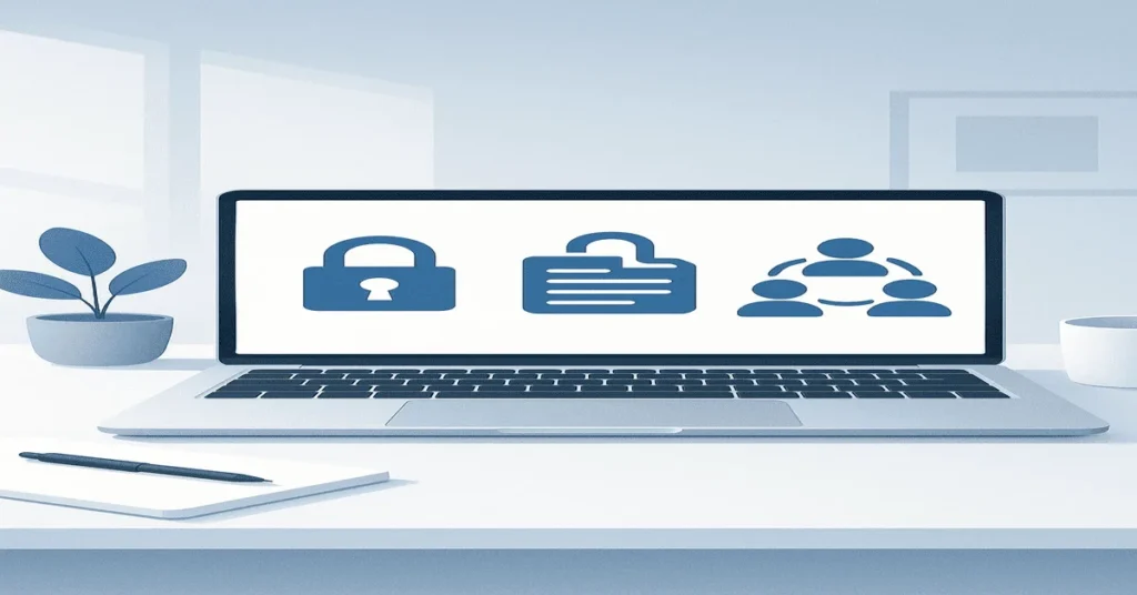 Laptop screen showing lock, unlock, and group icons.