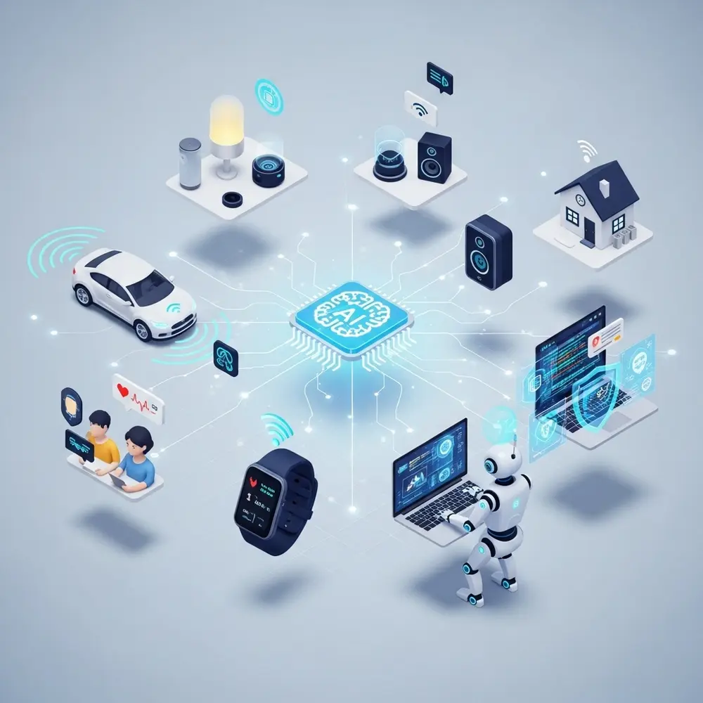 Futuristic AI illustration with a glowing brain chip connected to icons like a smart home, smartwatch, robot, and self-driving car.