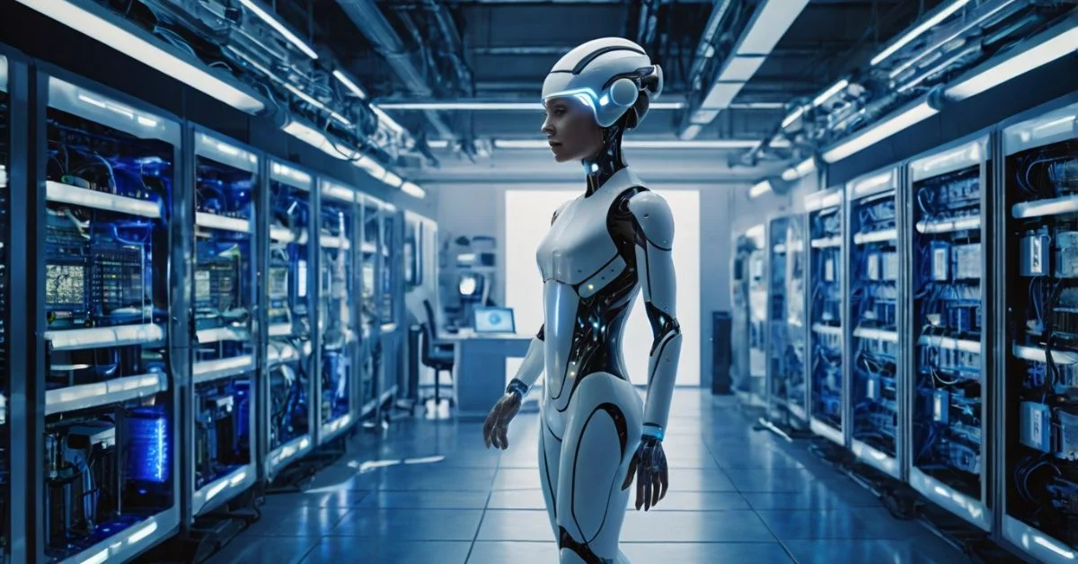 Futuristic scene showing Intel AI technology in use across data centers, smart farms, robotics,