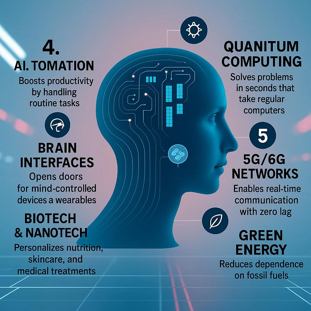 Futuristic infographic with six emerging tech trends around a digital human head.
