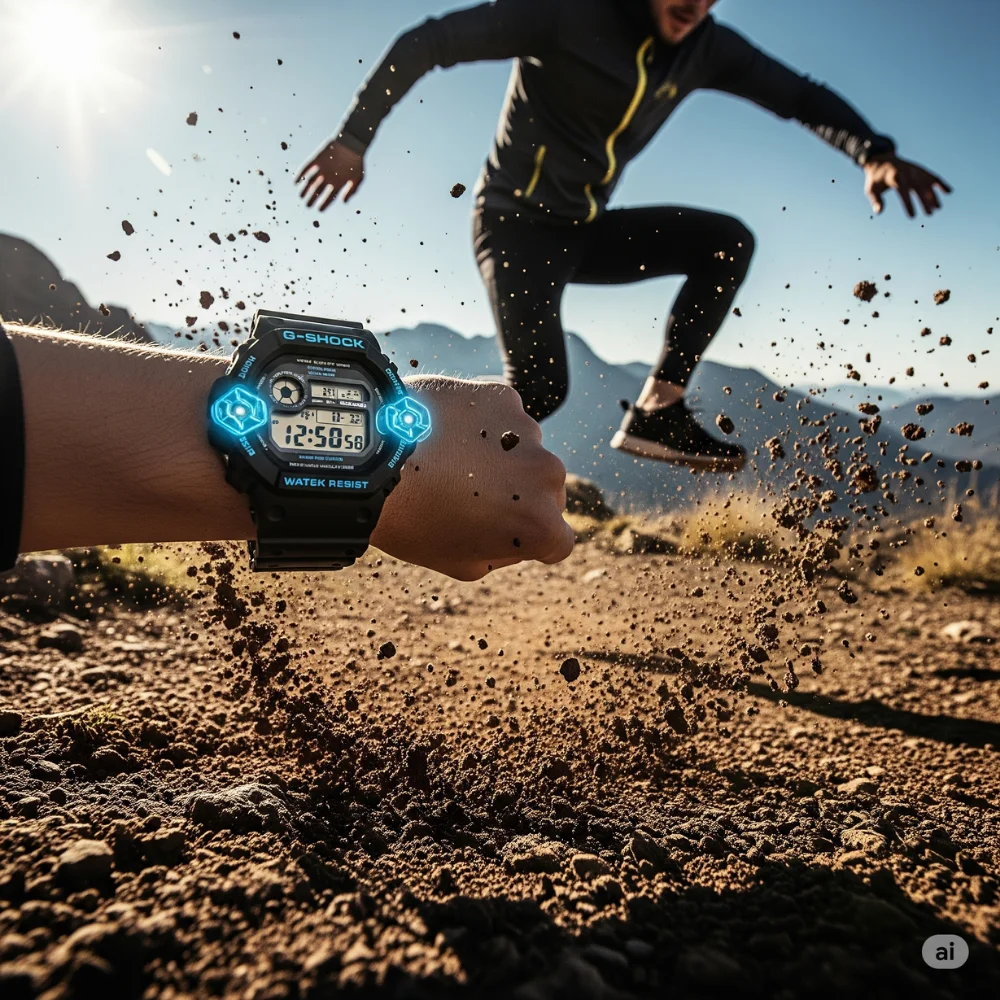 G-Shock on athlete jumping over rough terrain