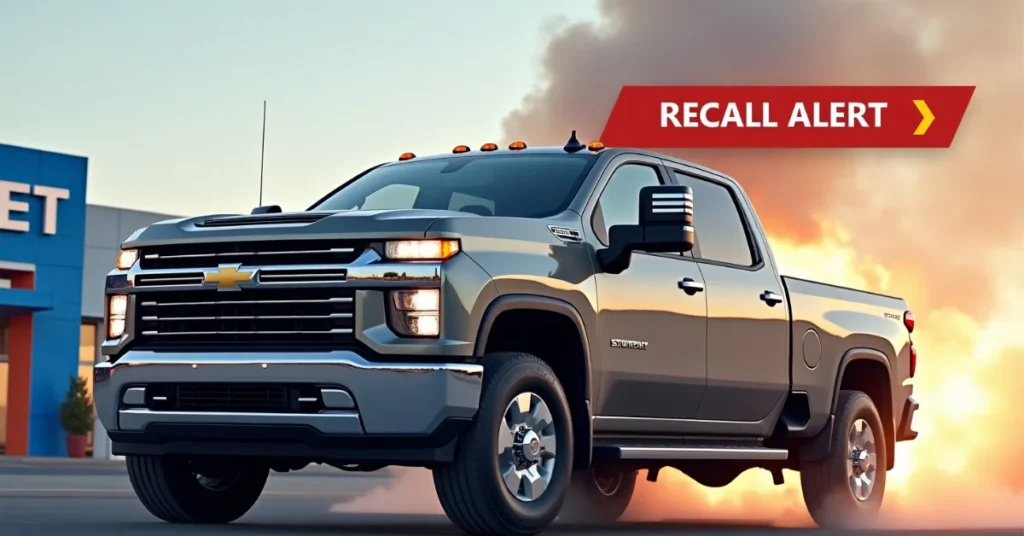 Chevrolet Silverado truck in front of dealership with "Recall Alert" sign and smoke in background, indicating fire risk issue.