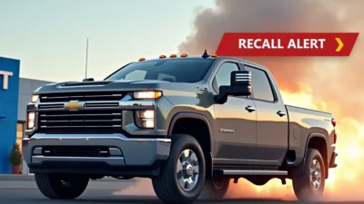 Chevrolet Silverado truck in front of dealership with "Recall Alert" sign and smoke in background, indicating fire risk issue.