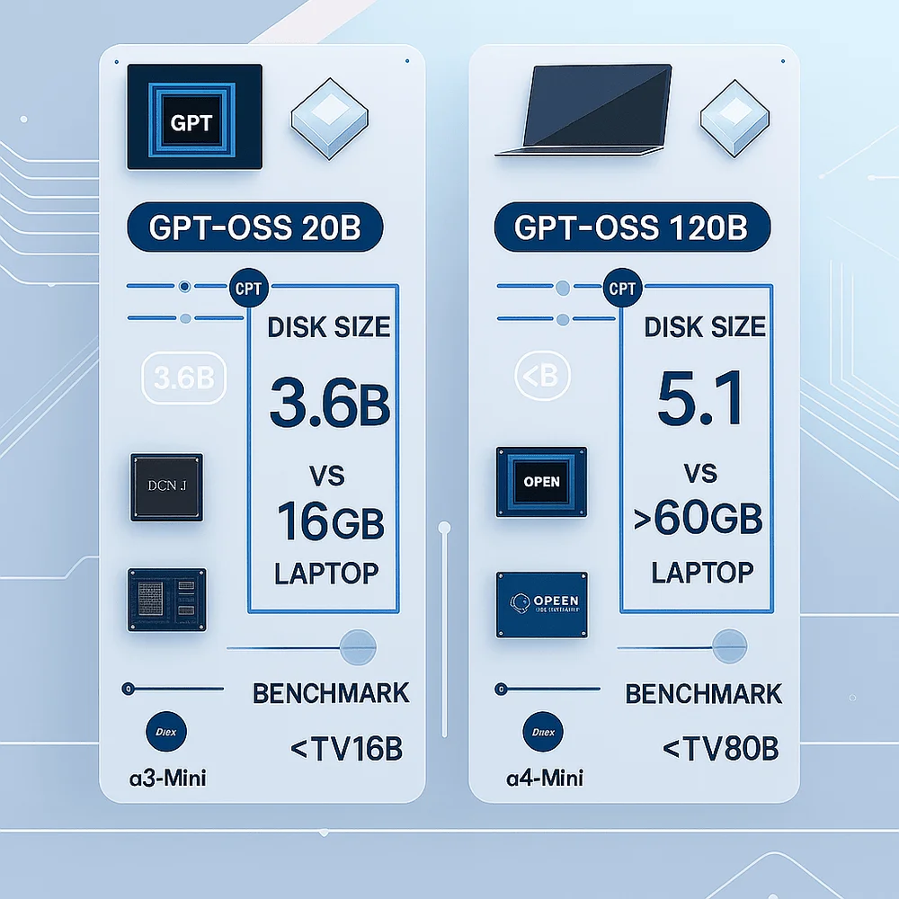 Side-by-side comparison of GPT-OSS 20B and 120B showing disk size, hardware, and benchmark differences. 