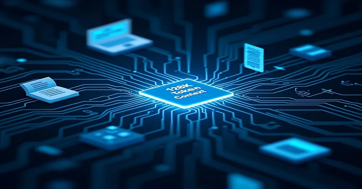 Illustration of Digital processor labeled GPT-4o Context Window 128K Tokens linked to icons of books, files, code, and laptops, representing large-scale data processing.