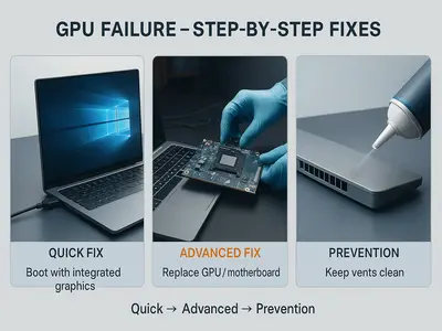 Three panel infographic showing quick, advanced, and preventive fixes for laptop GPU failure in a modern tech-support style. 