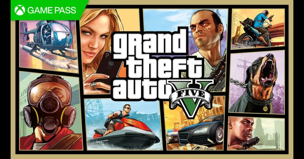 GTA V enhanced graphics showcasing Los Santos city skyline with detailed lighting, racing cars on the streets, and vibrant nighttime atmosphere.