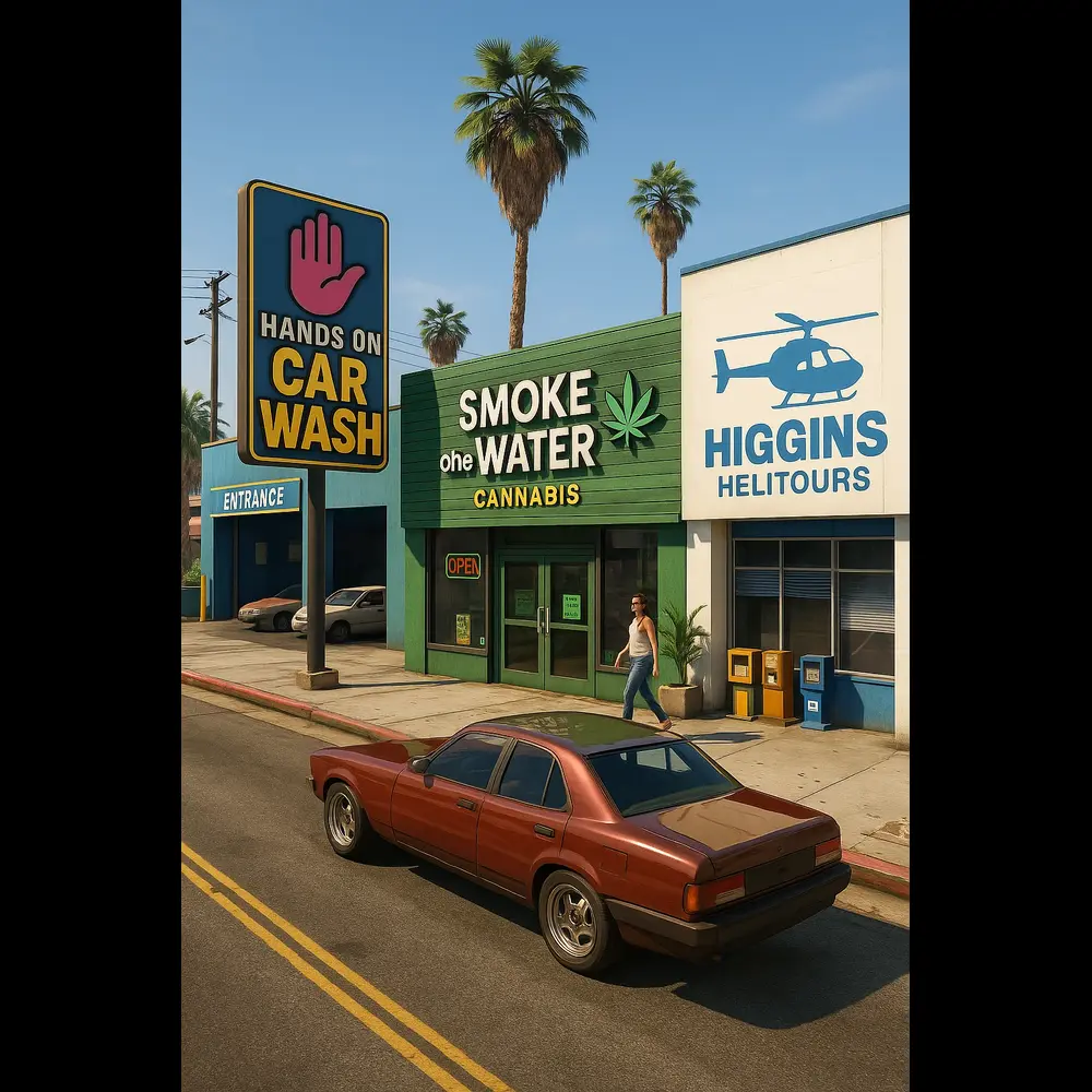 In-game screenshot of GTA V Money Fronts update featuring Hands On Car Wash, Smoke on the Water dispensary, and Higgins Helitours in Los Santos.