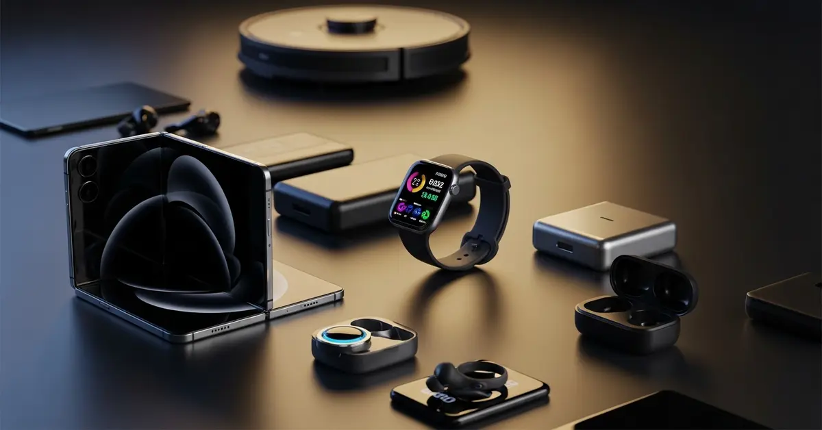 3D display of 2025 gadgets including a foldable phone, smartwatch, earbuds, and smart ring on a sleek tech table.