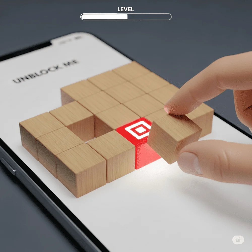 A glowing red block in a sliding puzzle on a mobile screen, with a hand moving wooden pieces—showcasing logic, strategy, and spatial planning in Unblock Me. 