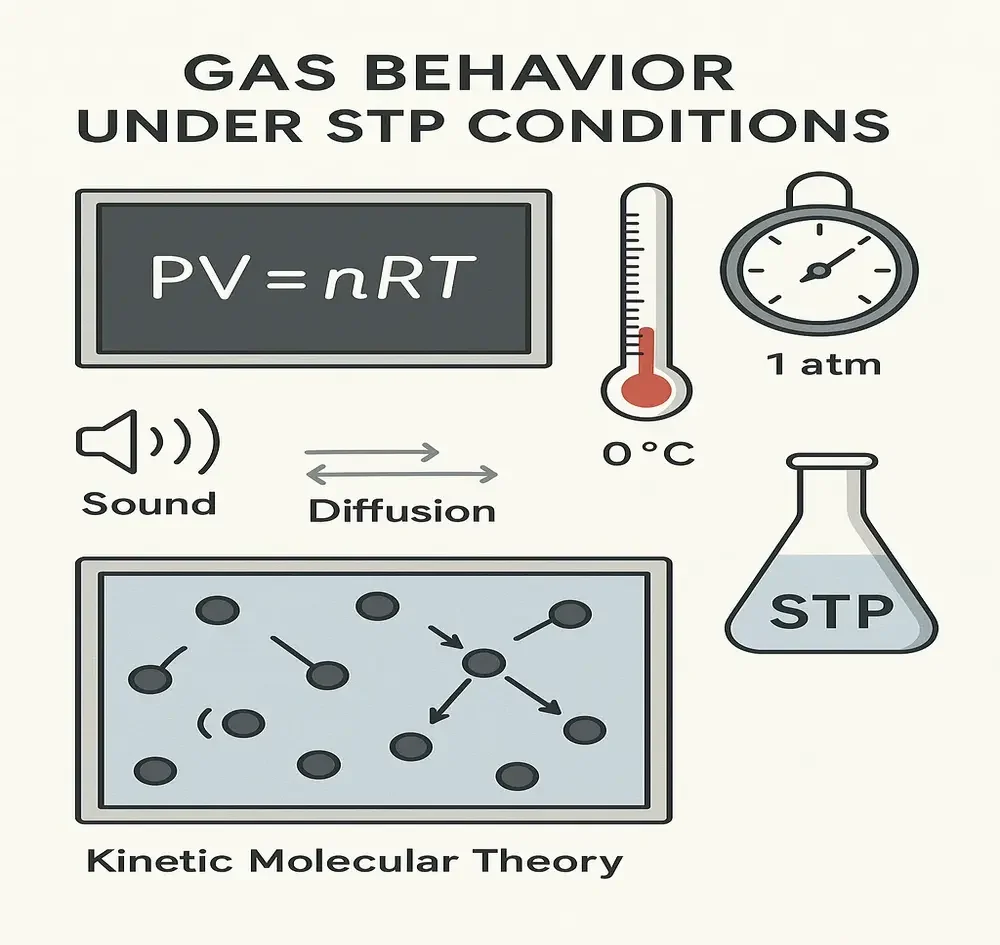 Physics diagram showing how STP conditions help study gas motion, energy, diffusion, and gas law calculations.