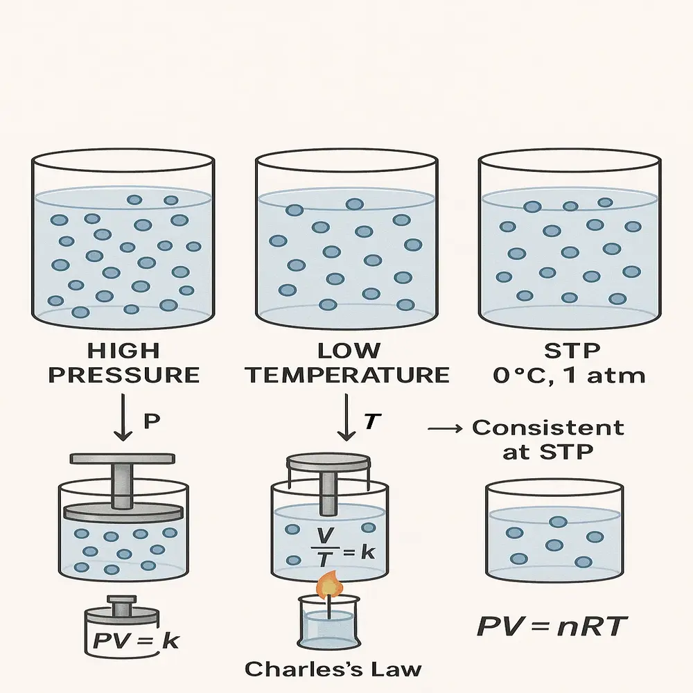 Illustration showing why STP conditions are important for consistency in gas behavior, gas law application, and science education. 