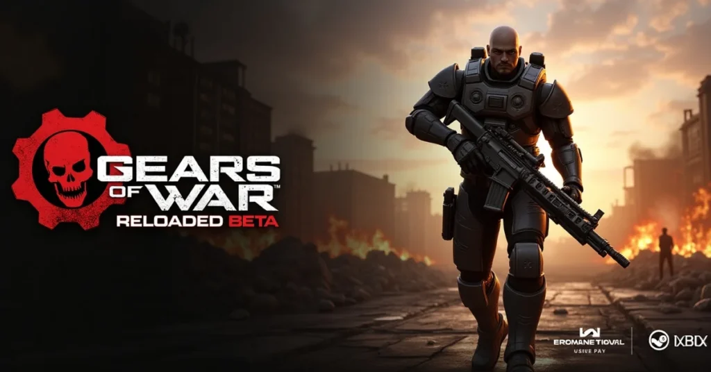 Gears of War Reloaded Beta promo showing armored soldier in fiery city with game logo and platform icons.