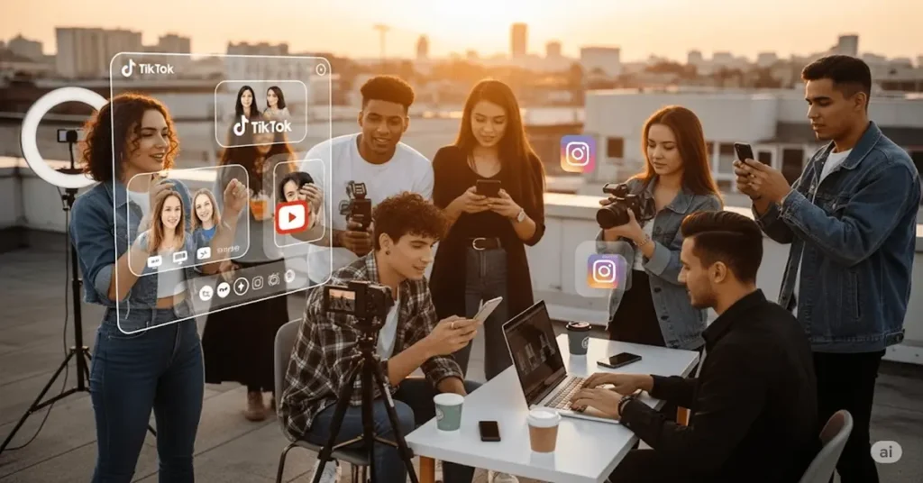 "Gen Z influencers filming content on a rooftop at sunset with tech gear and social media icons."