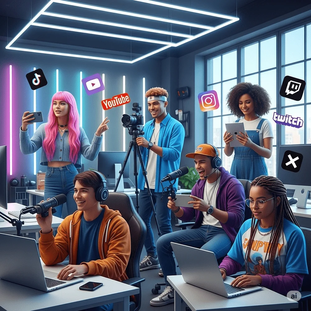Diverse Gen Z influencers creating content with digital tools and social media icons in a modern workspace. 