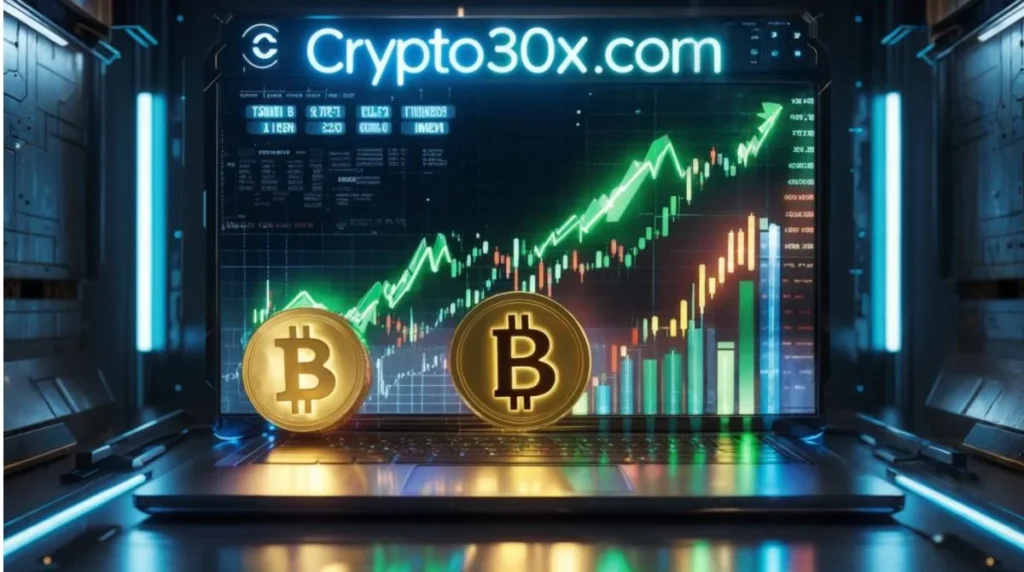 Digital crypto price ticker with Bitcoin and Ethereum rising, highlighting Crypto30x.com’s live updates