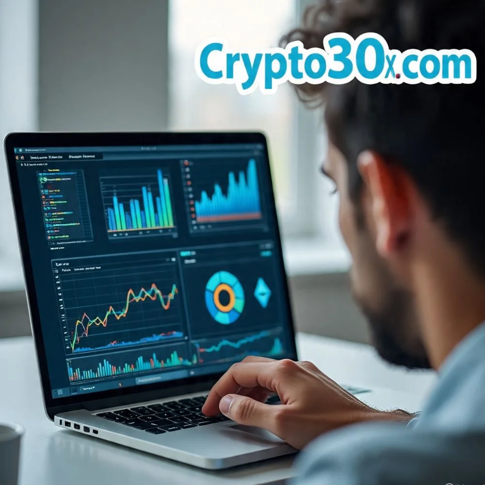 Digital crypto price ticker with Bitcoin and Ethereum rising, highlighting Crypto30x.com’s live updates.