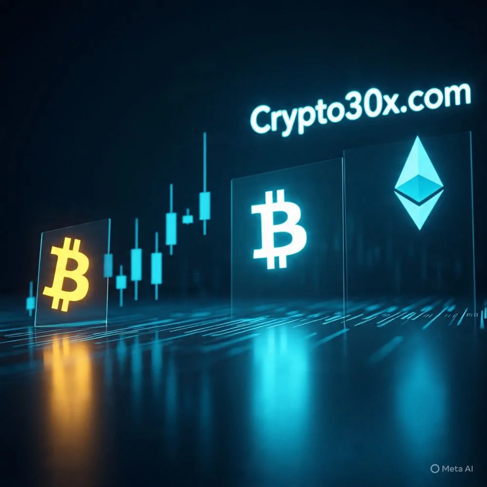 Digital crypto price ticker with Bitcoin and Ethereum rising, highlighting Crypto30x.com’s live updates