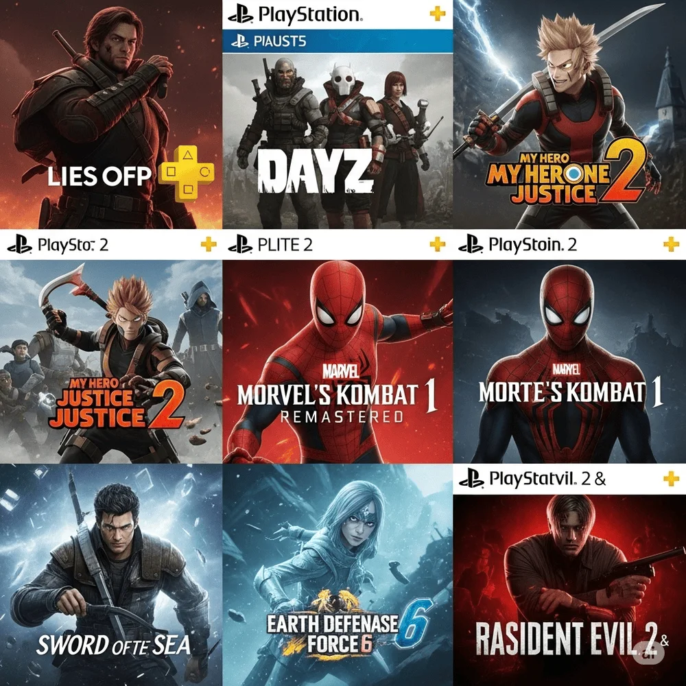 Collage of PlayStation Plus free games for August 2025, including Mortal Kombat 1, Spider-Man, Lies of P, and more.
