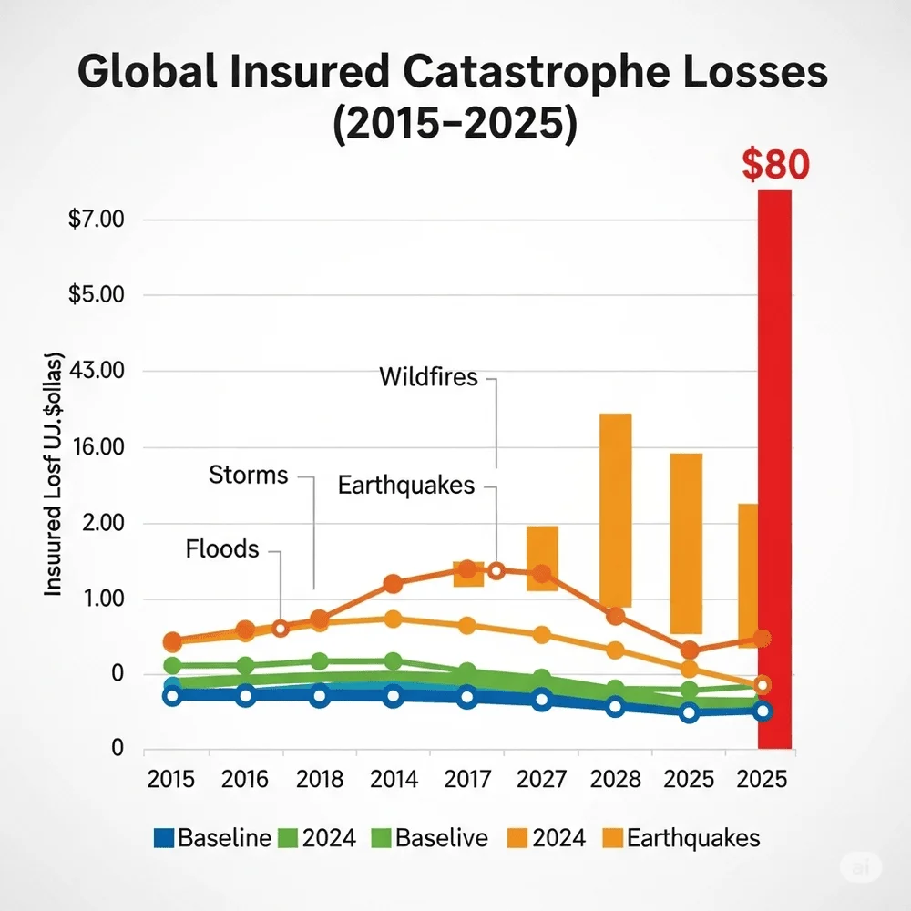 Line chart showing rising global insured catastrophe losses from 2015 to 2025, with a sharp increase in 2025 due to wildfires and storms.